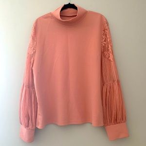 Dusty rose long sleeve mock neck top with sheer floral lace sleeves